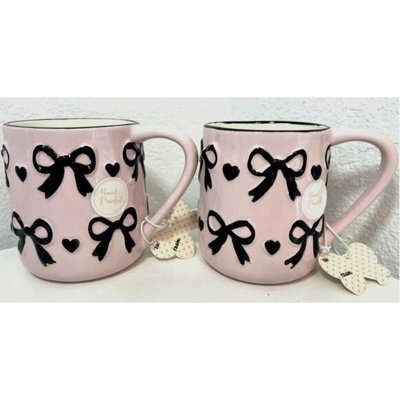 Pink Bow Coquette Coffee Cup Set of Two Tiktok Viral- Pink w/ Black Bows RARE - Picture 1 of 4